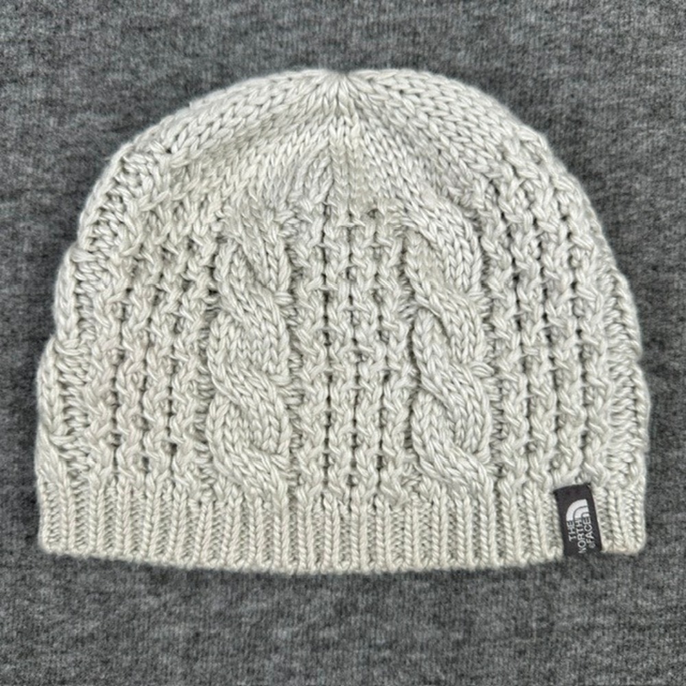 The North Face Cable Knit Beanie Oatmeal Beige Fleece Lined Wool Alpaca Hat OS
